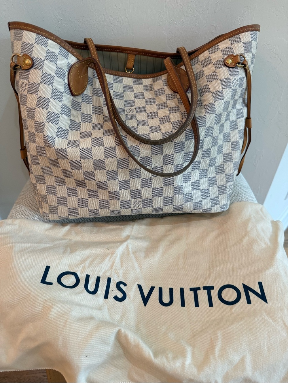Louis Vuitton Damier Azur Neverfull Tote in White and Brown Trim